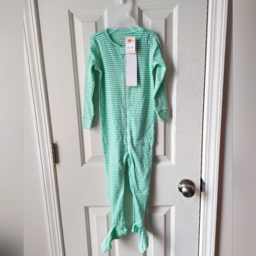 Primary - NWT Footed Pajamas Zip-Up Sleepers Green & White Stripe Organic Cotton